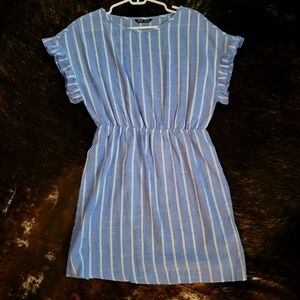 Flounce sleeve, vertical striped fitted dress